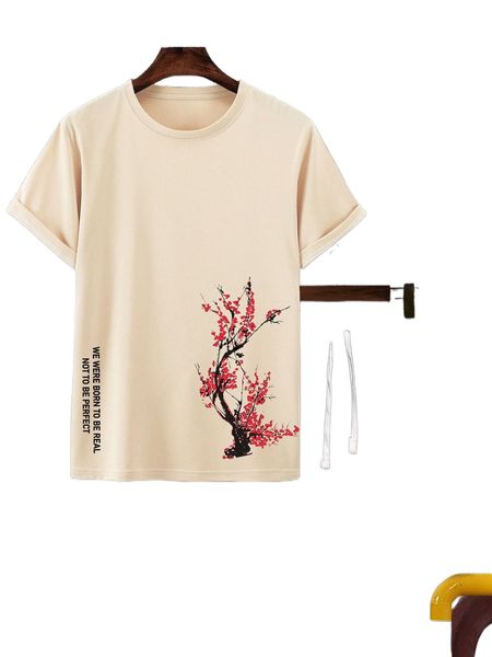 

men floral & slogan graphic tee & japanese letter graphic shorts w0em#, Gray