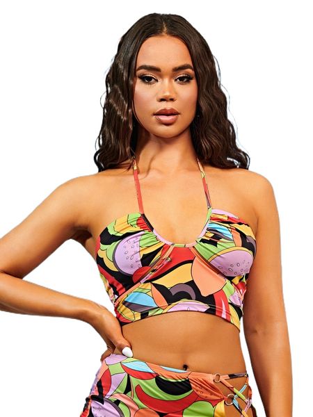 

random graphic print colorblock backless halter n4wu#, White
