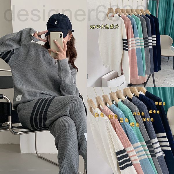 

women's knits & tees designer tb waffle round neck pullover sweater women's autumn four bar stripe loose long sleeve knitted sweat, White