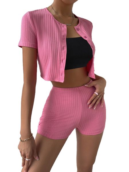 

ribbed knit button front tee & biker shorts j7gs#, White