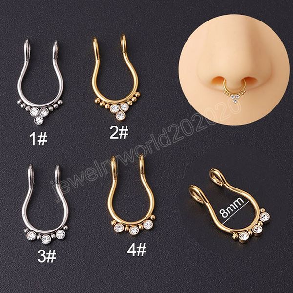 Zircão Fake Sept Nariz Ring Fake Piercing Hoop Aço inoxidável Clipe de Brinco para mulheres Presentes