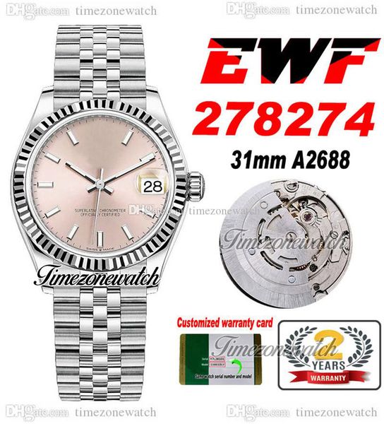 

ewf 31mm 278273 eta a2688 automatic womens ladies watch fluted bezel pink stick dial jubileesteel bracelet super edition same series warrant, Slivery;brown
