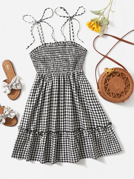

gingham shirred knot detail cami dress 54w9#, Black;gray