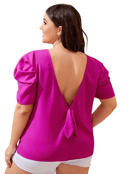 

plus v back puff sleeve blouse v7mc#, Black