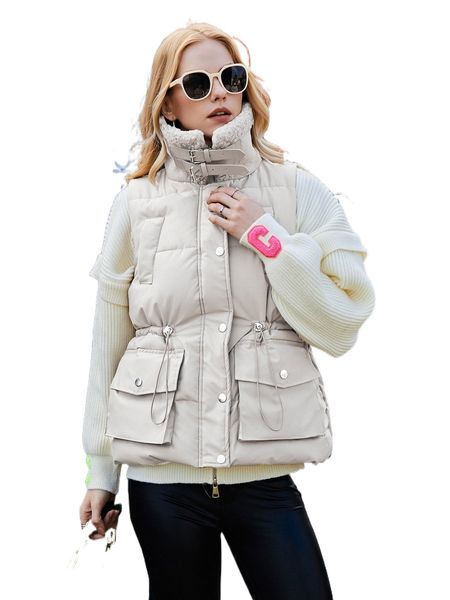 

ziai drawstring waist button front contrast teddy puffer vest coat h9mh#, Black