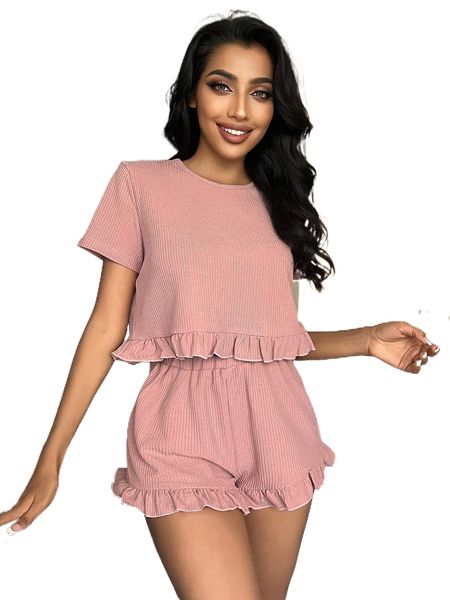 

rib-knit ruffle hem lounge set q3bj#, Black;red