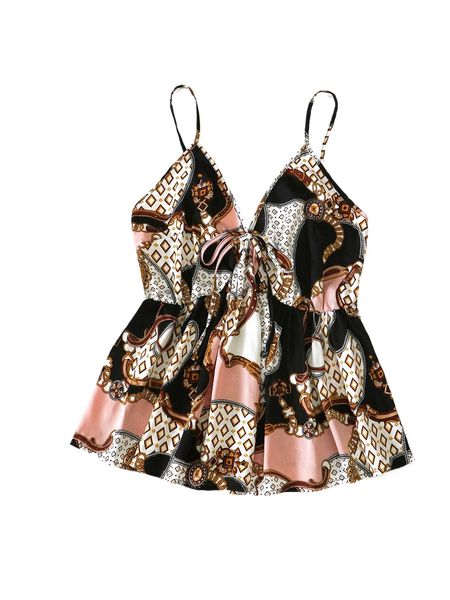 

plus geo and chain print knot front chiffon cami t84w#, Black