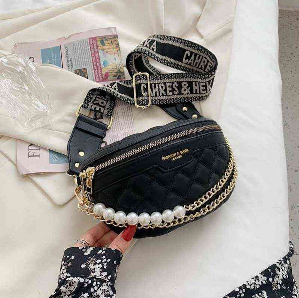 

luxury pearl beading chain waist bags for women diamond lattice pu fanny pack female stylish wide strap crossbody bag 220527