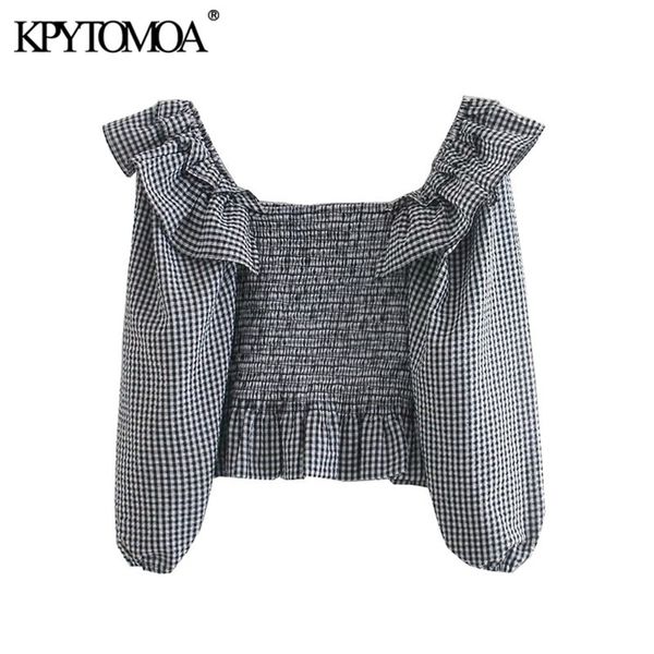 

kpytomoa women fashion elastic smocked ruffled cropped blouses vintage lantern sleeve plaid female shirts blusas chic 210401, White