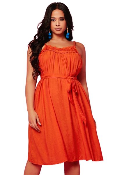

plus floral guipure lace belted cami dress 93yv#, Black