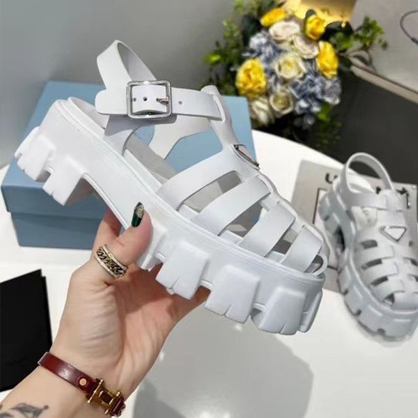 

women sandals genuine leather platform sandal shoes buckle thick non-slip rubber sole slides round toe black white fashion versatile dating