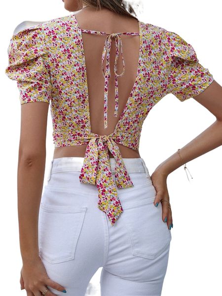 

ditsy floral print tie backless puff sleeve blouse y2xi#, White