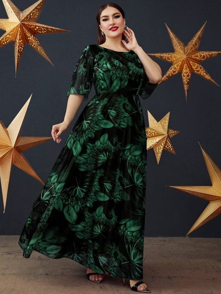 

plus floral print flutter sleeve dress b1by#, Black