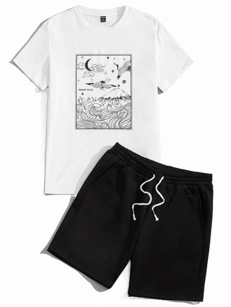 

men letter and crane print tee & track shorts set u3ju#, Gray