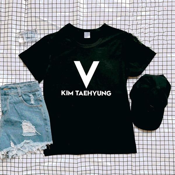 

v kim taehyung letter women cartoon casual suga printed kpop style star female short sleeve aesthetic, White