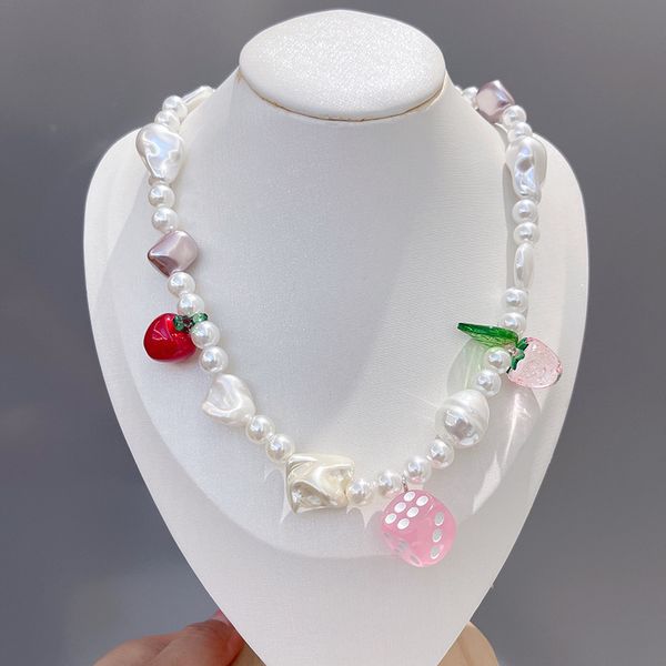 

high sense pearl necklace niche design trendy apple strawberry pendant clavicle chain wa, Silver