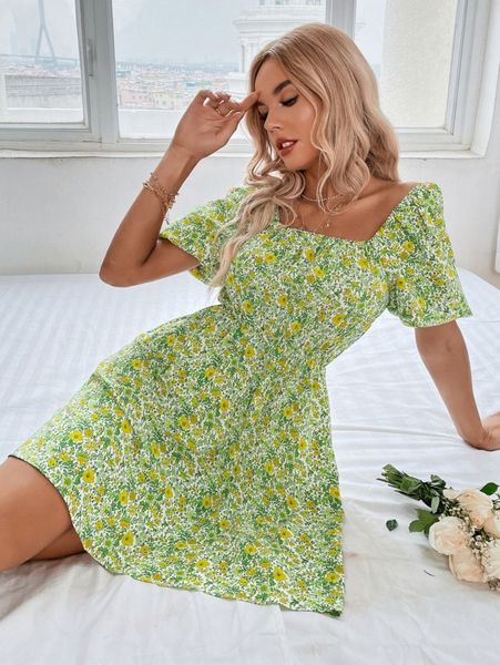 

ditsy floral print square neck dress p98x#, Black;gray