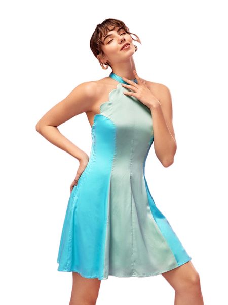 

x cali posh two tone tie backless satin halter dress l97t#, Black;gray