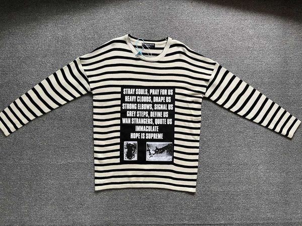 

white raf simons black and striped slogan sticker printed small white same loose off shoulder knit crew neck sweater, White;black