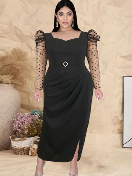 Abiti taglie forti Manica lunga aderente 4XL 5XL Polka Dot Lunghezza midi Elegante da sera da donna Festa di compleanno Abito da ballo per donna 2022Plus