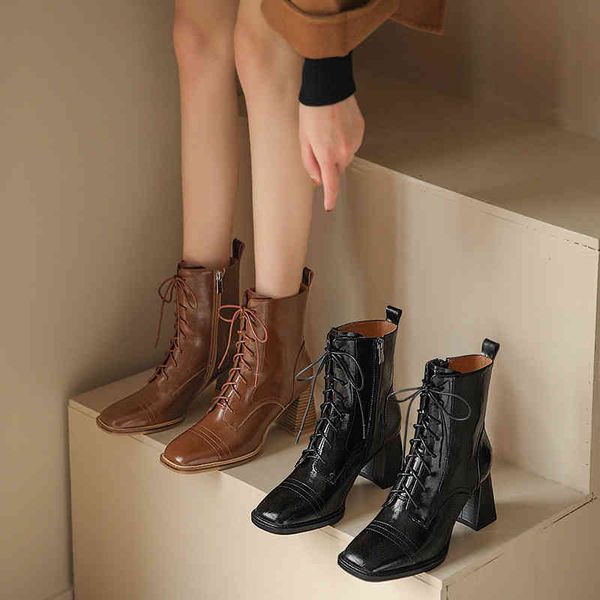 

boots horse oil leather fashion lace up side zipper short boots temperament style autumn and winter simple round head thick heel msq3, Black