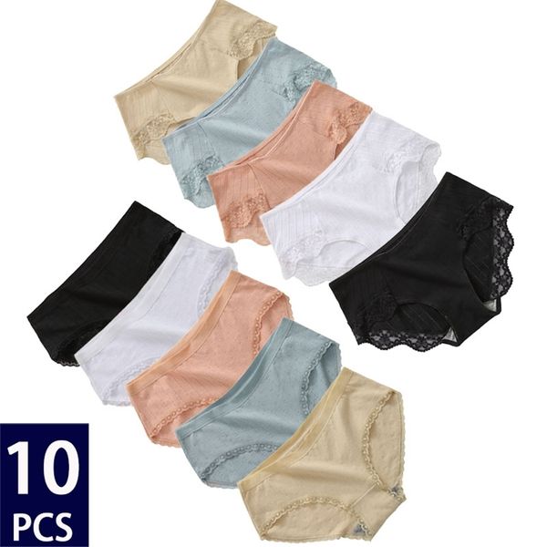 10 pçs / set Mulheres Sexy Algodão Underwear Calcinha Feminina Lace Pantys Lingerie Senhoras Senhoras Cores Sólidas Cores confortáveis ​​220425