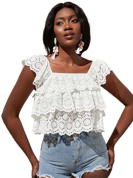 

layered trim schiffy crop r7x1#, White