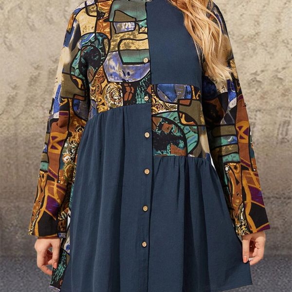 

large women's shirt women's stand collar ethnic style printed, White