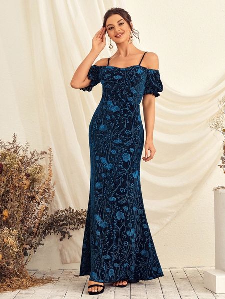 

cold shoulder flounce cuff floral pattern maxi glitter prom dress s2ff#, Black;gray