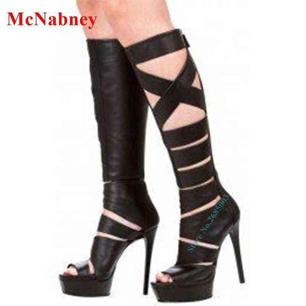 

cut outs peep toe platform boots stiletto high heel knee high cross tied back zipper lady party dress sandals boot summer spring 220514, Black