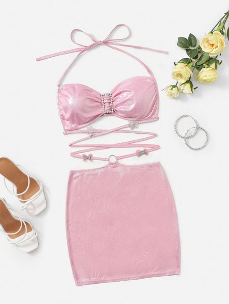 

glitter butterfly trim o-ring halter mini dress 144i#, Black;gray