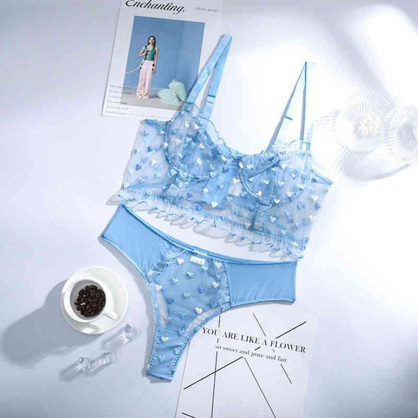 

nxy set transparent perspective of new fashion blue and white love embroidery pattern erotic lingerie bra womens underwear suit 0216, Red;black