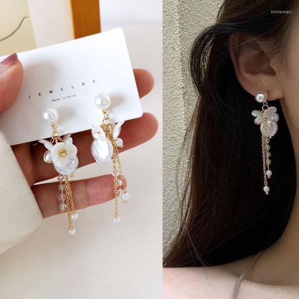 Clip-on vite posteriore francese romantico finto perla nappa clip su orecchini elegante fiore bianco fresco lungo senza piercing LadyClip-on Ki