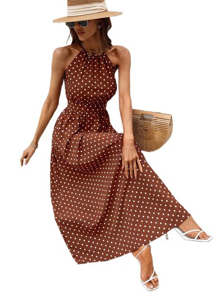 

polka dot tie back halter neck dress k8mk#, Black;gray