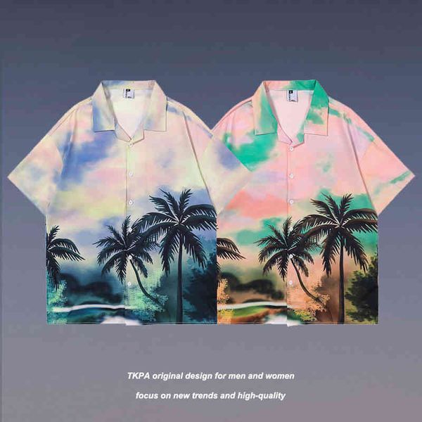 

tk-pa short sleeve shirt men's and women's summer thin flower new hawaiian beach loose versatile trend manufacturer discount men&#, White;black