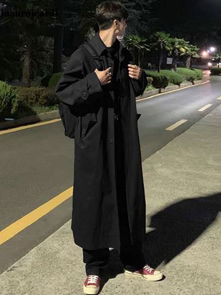 

men's trench coats mauroicardi spring autumn long oversized black khaki trench coat men raglan sleeve single breasted loose casual kore, Tan;black