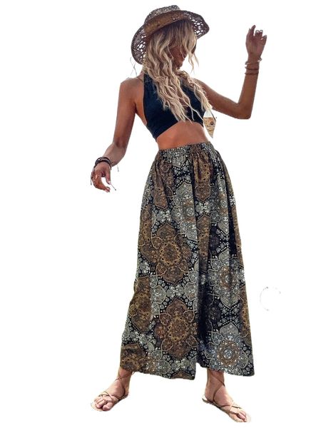 

paisley print elastic waist skirt h5g6#, Black