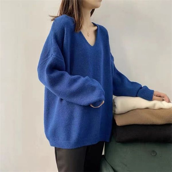 

women's polos spring and autumn fashion simple versatile v-neck loose sweater solid color medium long pullover sweater women 6piz, White