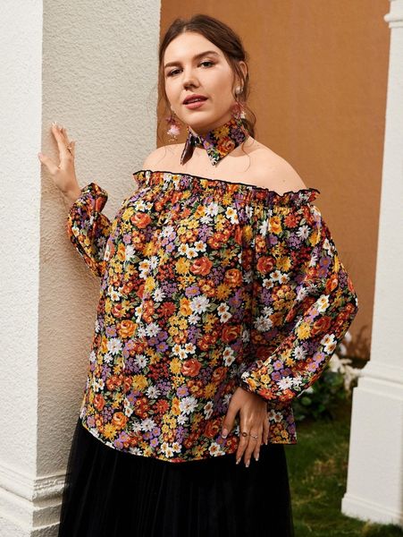 

plus off shoulder ruffle trim floral print with dickey collar h8rp#, Black