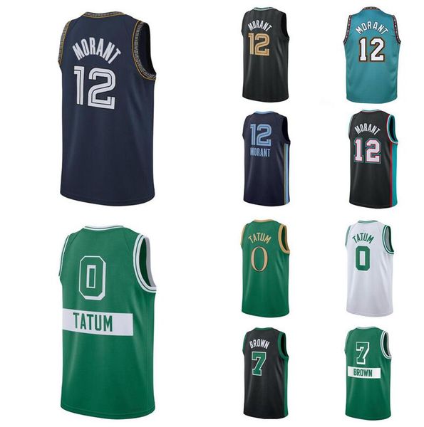 

basketball jersey ja morant #12 jayson tatum #0 jaylen brown #7 black white blue 21-22 city jerseys men youth s-xxl in stock, Black;red