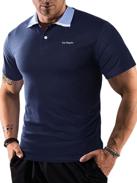 

men letter graphic contrast collar polo shirt b8lo#, White;black