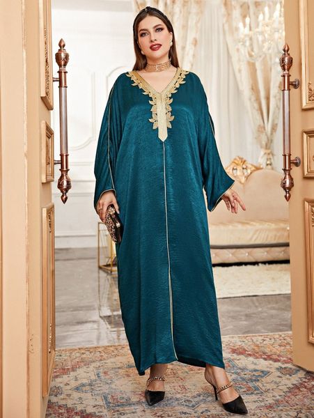 

plus appliques contrast piping batwing sleeve satin dress b8nt#, Black