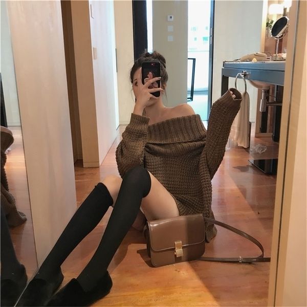 

winter sweater women pullover girls vintage slash neck autumn female knitted outerwear warm sweaters oversize 201225, White;black