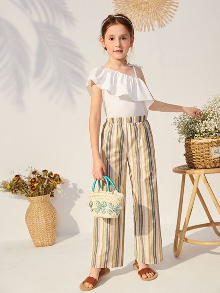 

sheen girls asymmetric collar ruffle and striped pattern pants set she, White