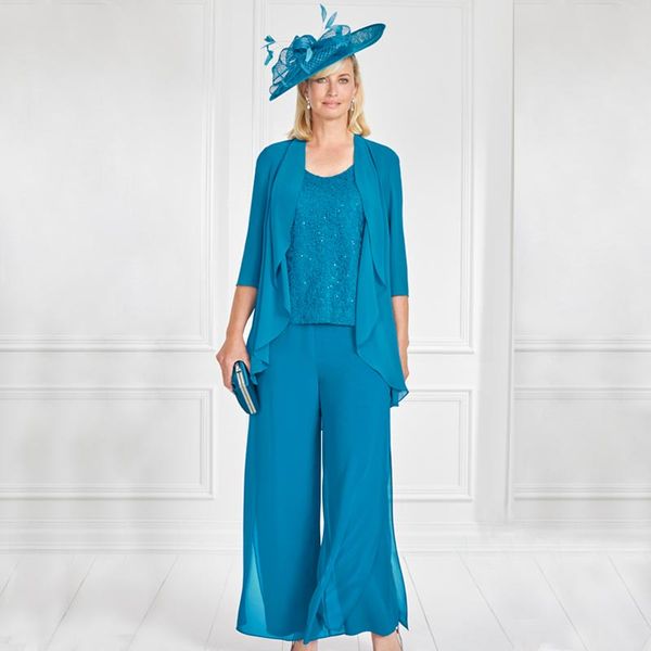 Tailleur pantalone per madri in pizzo blu royal tre pezzi con giacca a maniche lunghe tailleur pantalone con scollo rotondo in chiffon