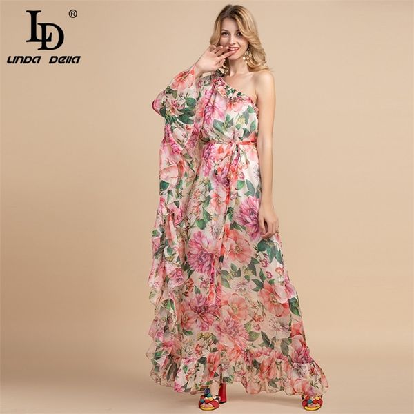 LD LINDA DELLA Summer Holiday Party Boho Maxi Dress Donna con spalle scoperte in chiffon con stampa floreale Ruffles Abito lungo elegante allentato 220518