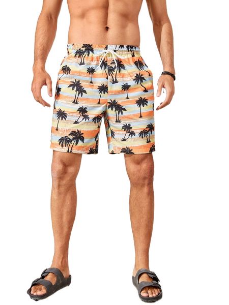 

men striped & coconut tree print drawstring waist shorts k8vq#, White;black