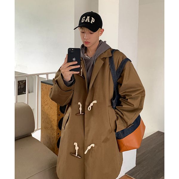 

men's trench coats autumn cotton trench coat men fashion casual oversized long coat men korean style loose windbreaker jacket mens over, Tan;black