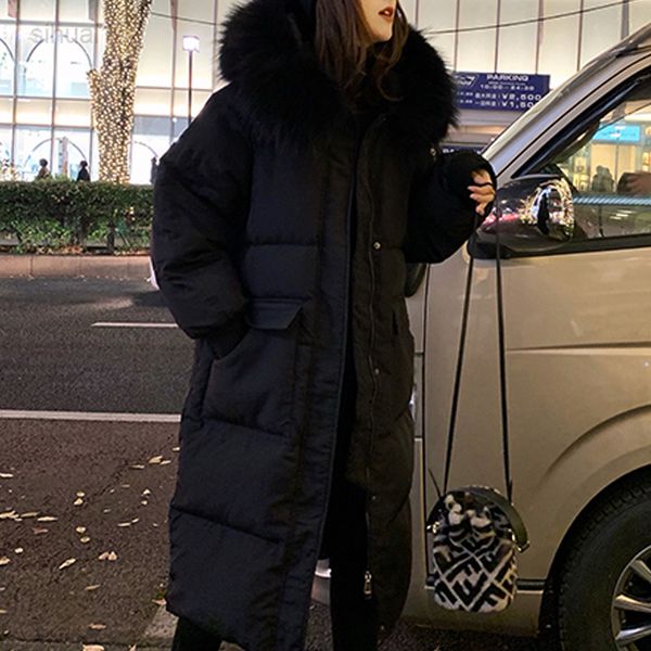 

winter women thickened long jacket casual loose furry hooded solid thick warm snow jacket extended fashion trend jacket women l220725, Black