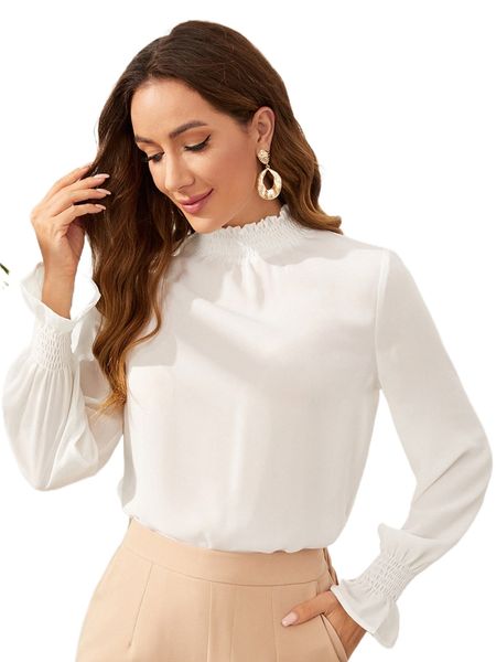 

solid shirred bell sleeve m3lh#, White